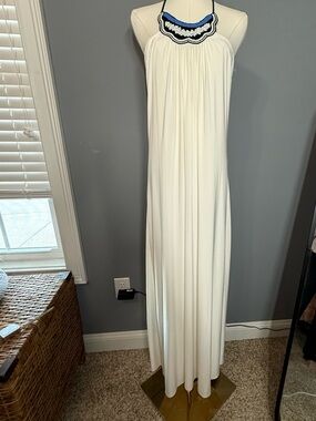 Misa Los Angeles White Halter Maxi with Blue and Black Neckline